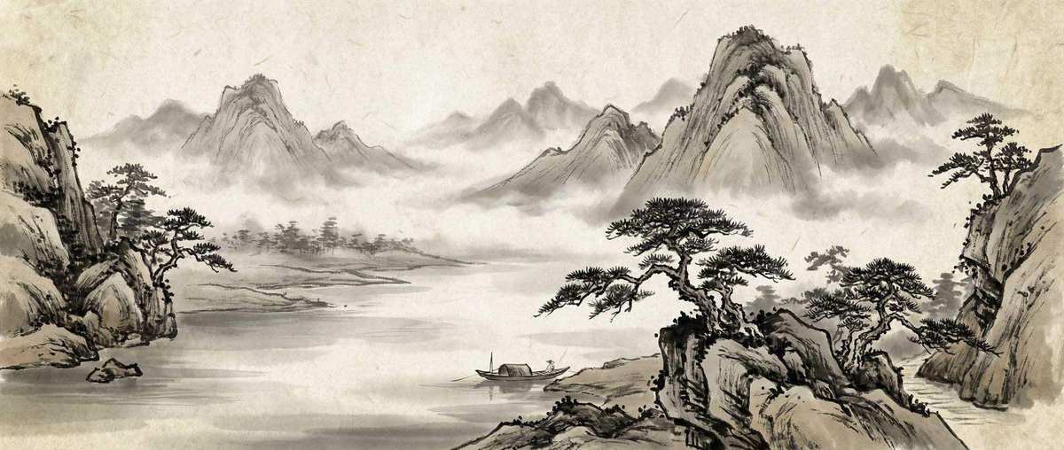 麻将胡了 - 水墨山水画背景